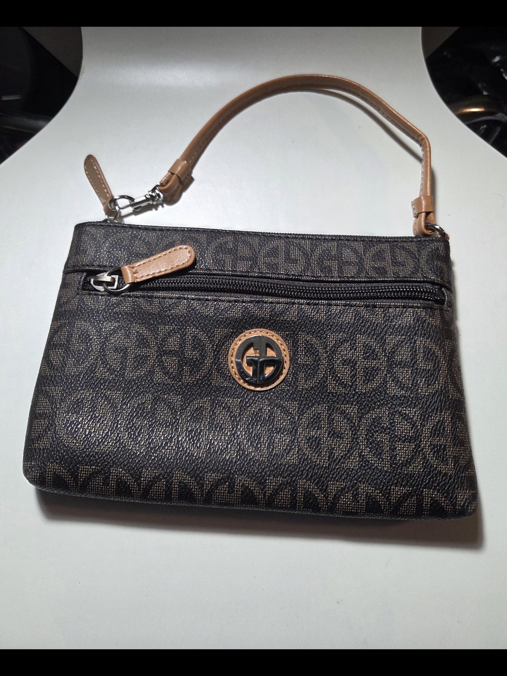 Giani Bernini Brown Monogram Wristlet with Tan Trim